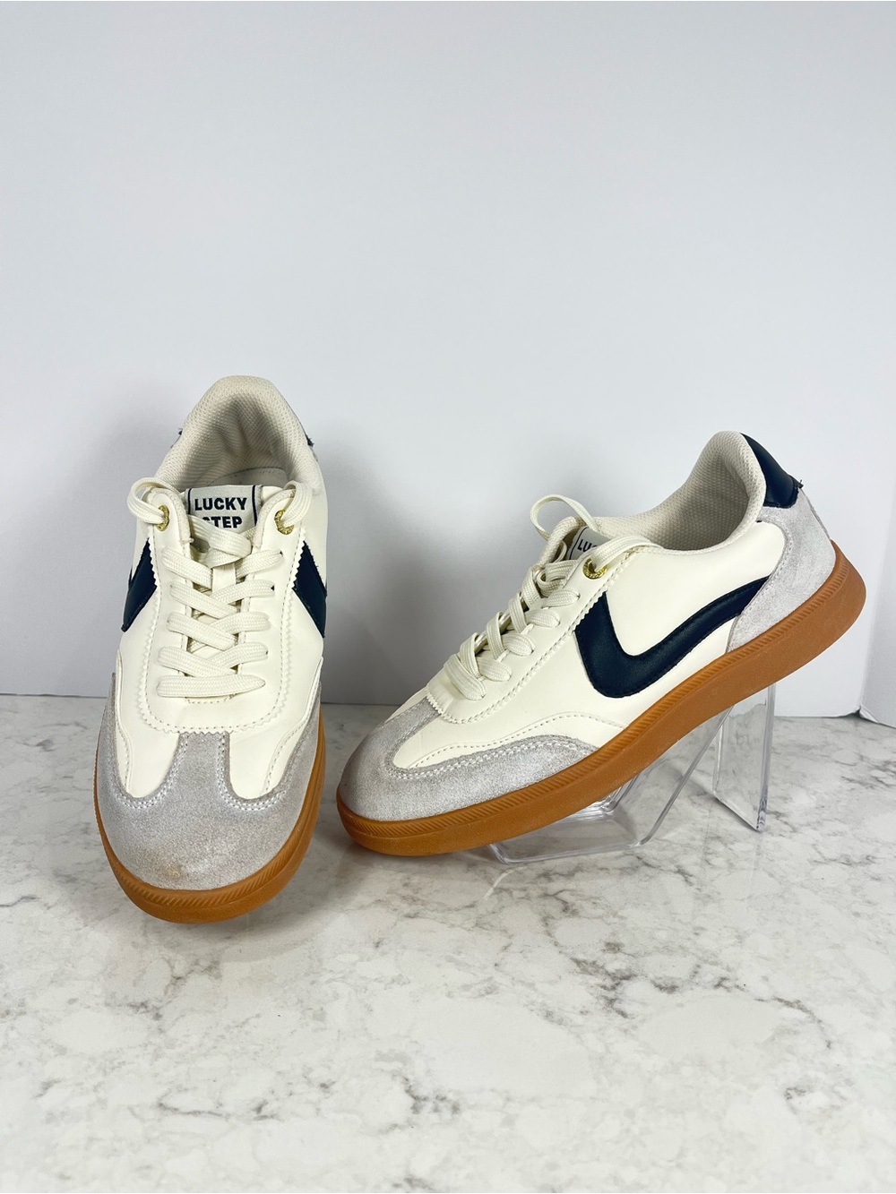 Lucky Step Women's Cream & Grey  Retro Sneaker with Gum Sole. Retro fashion